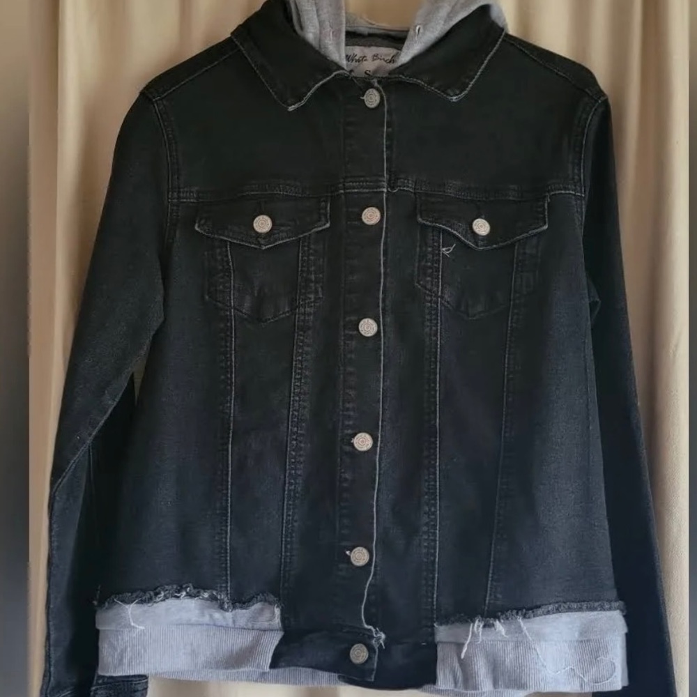 Black hooded denim jacket